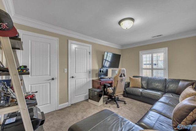 home office featuring ornamental molding and light carpet