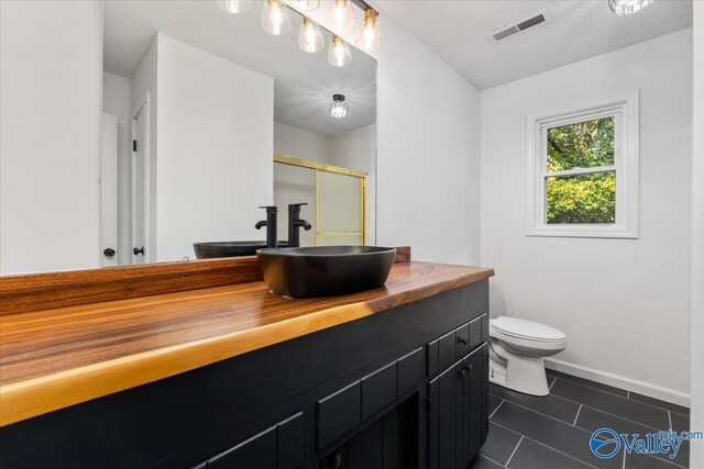 bathroom with walk in shower, toilet, a textured ceiling, and vanity