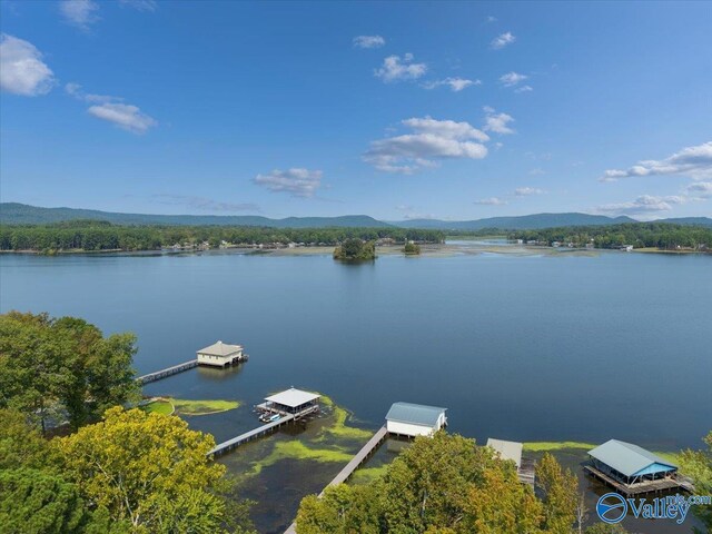 water view with a mountain view and a dock