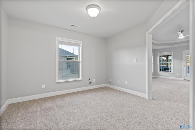 unfurnished room featuring ceiling fan, a healthy amount of sunlight, a tray ceiling, and carpet