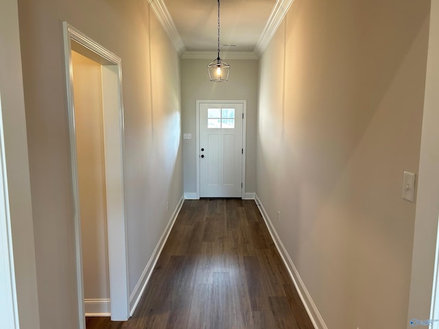 doorway to outside featuring ornamental molding and dark hardwood / wood-style floors