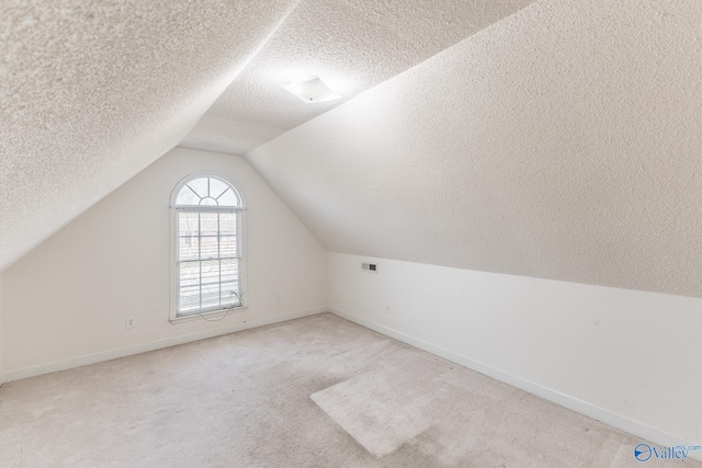 additional living space featuring light carpet, a textured ceiling, and vaulted ceiling