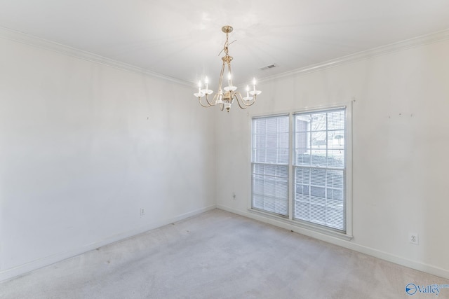 carpeted empty room with crown molding and an inviting chandelier