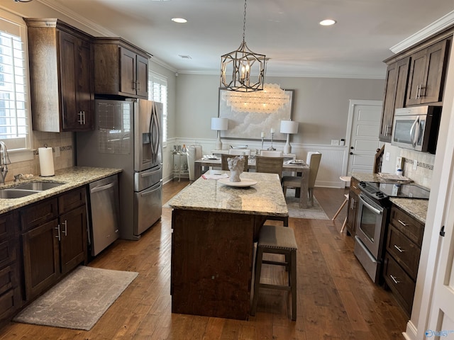 kitchen with stainless steel appliances, wainscoting, crown molding, and a sink