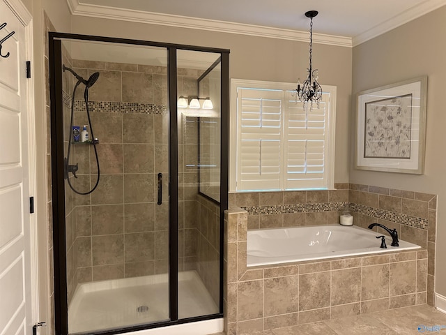 full bath with ornamental molding, a stall shower, and a garden tub