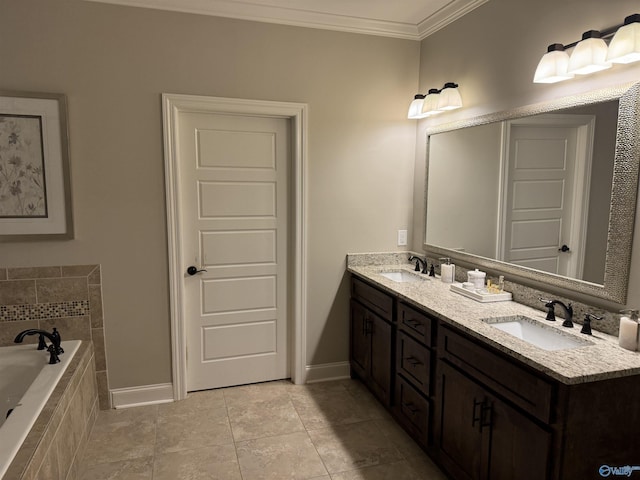 full bathroom with crown molding, double vanity, a sink, and a bath