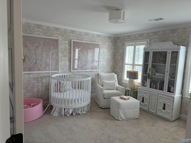 carpeted bedroom with crown molding, visible vents, and wallpapered walls