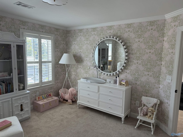 interior space with ornamental molding, light carpet, visible vents, and wallpapered walls