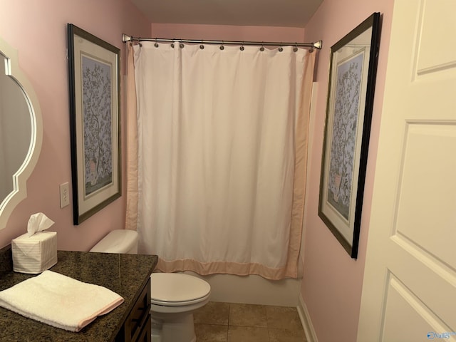 bathroom with vanity, tile patterned flooring, toilet, and shower / bathtub combination with curtain