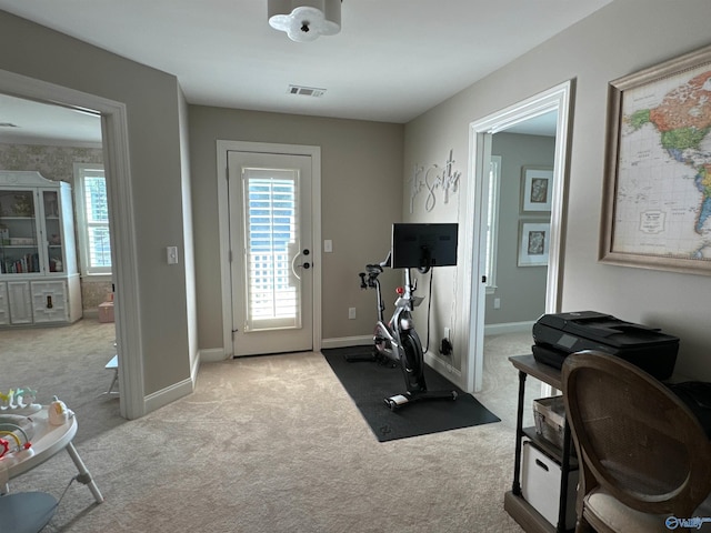 workout area featuring a wealth of natural light, baseboards, visible vents, and carpet