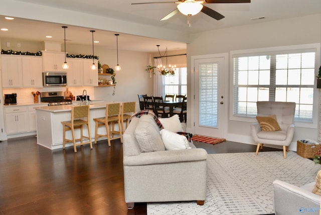 living room featuring ceiling fan with notable chandelier and dark hardwood / wood-style flooring