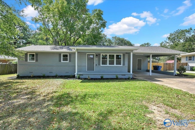 single story home with a front yard, central AC unit, and a carport