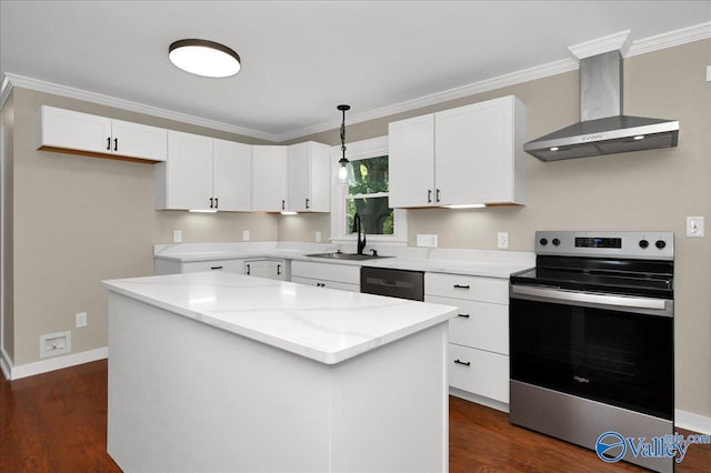 kitchen with stainless steel range with electric stovetop, white cabinets, sink, and a kitchen island