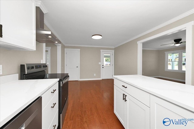 kitchen featuring wall chimney exhaust hood, ceiling fan, electric range, and a healthy amount of sunlight