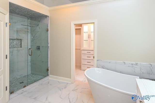 full bathroom with a marble finish shower, baseboards, a soaking tub, marble finish floor, and crown molding