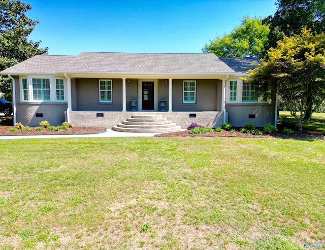 single story home with a front yard, a porch, roof with shingles, and crawl space