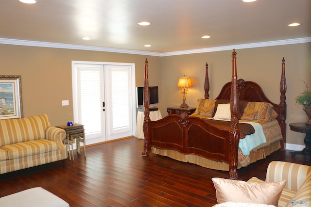 bedroom featuring access to exterior, recessed lighting, wood finished floors, and ornamental molding