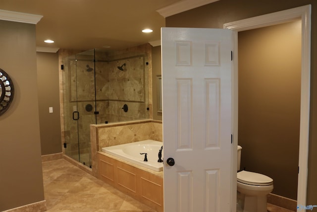 full bath featuring toilet, a stall shower, recessed lighting, baseboards, and a bath