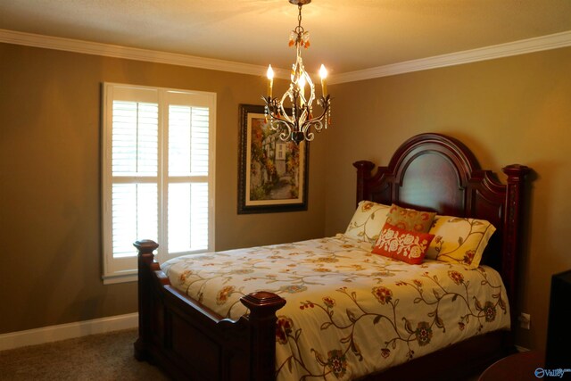 carpeted bedroom with baseboards, a chandelier, and crown molding