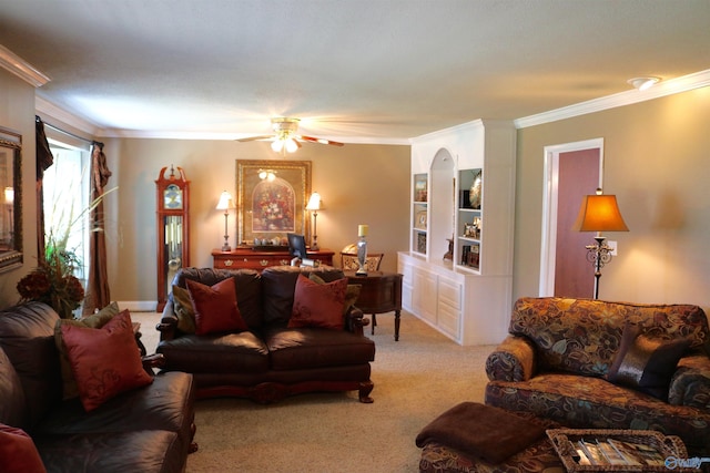 living room featuring light carpet, arched walkways, crown molding, and a ceiling fan
