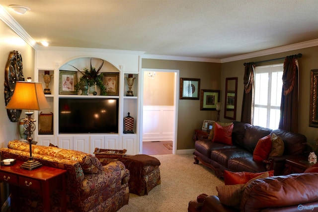 carpeted living area featuring ornamental molding
