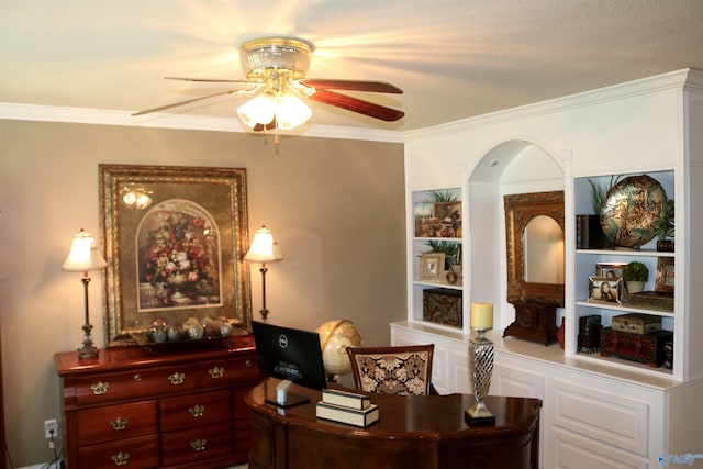 home office with ceiling fan, built in features, and ornamental molding