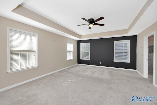 unfurnished room with a tray ceiling, light colored carpet, and a healthy amount of sunlight