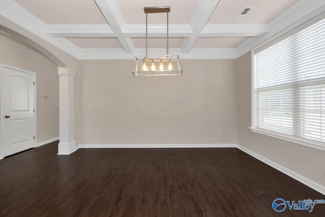 217 Skehan St SW, Huntsville, AL 35824 - empty room with beamed ceiling, dark wood-type flooring, coffered ceiling, arched walkways, and crown molding