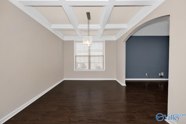 empty room with ornamental molding, beam ceiling, an inviting chandelier, coffered ceiling, and dark hardwood / wood-style flooring