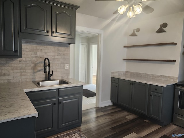 kitchen featuring tasteful backsplash, open shelves, a sink, ceiling fan, and dark wood-style floors