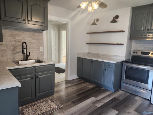 kitchen featuring stainless steel range with electric cooktop, open shelves, under cabinet range hood, a sink, and backsplash