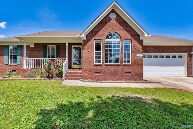 123 Turtle Ridge Dr, New Market, AL 35761 - ranch-style house featuring crawl space, concrete driveway, a front yard, a porch, and an attached garage