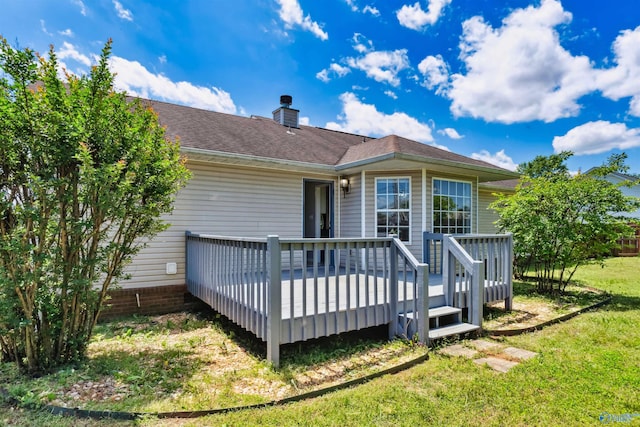 123 Turtle Ridge Dr, New Market, AL 35761 - back of house with a yard, a wooden deck, a chimney, and roof with shingles