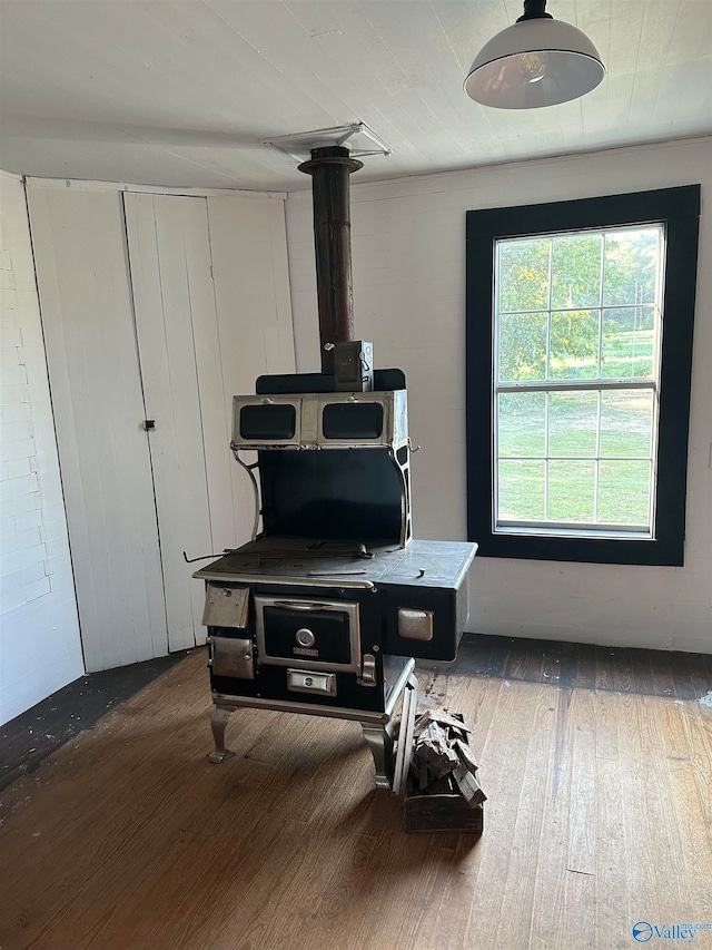 interior space featuring hardwood / wood-style flooring and a wood stove