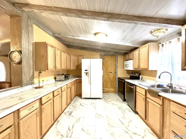 kitchen with white appliances, wood ceiling, a sink, light countertops, and beam ceiling