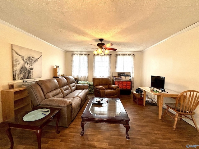 living room with a textured ceiling, wood finished floors, a ceiling fan, and crown molding