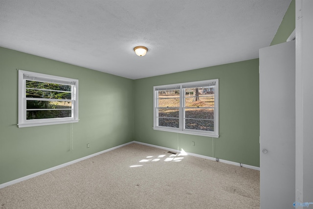 unfurnished room with light carpet, a textured ceiling, and plenty of natural light