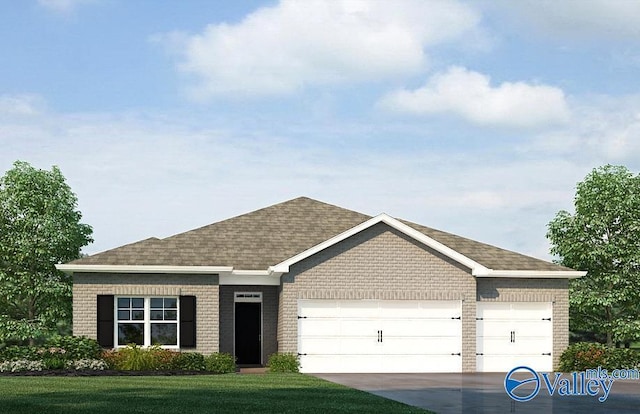 ranch-style house with a front yard and a garage