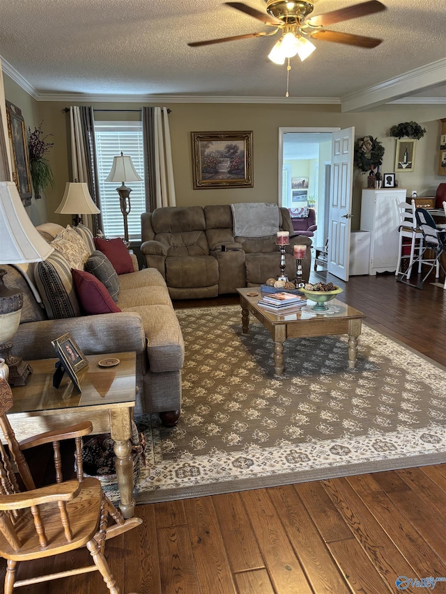 living area with wood-type flooring, a ceiling fan, crown molding, and a textured ceiling
