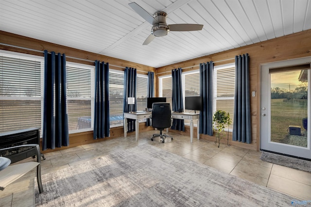 tiled office with ceiling fan