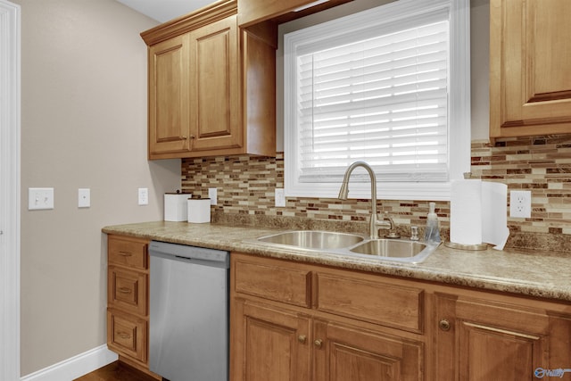 kitchen with sink, stainless steel dishwasher, and decorative backsplash