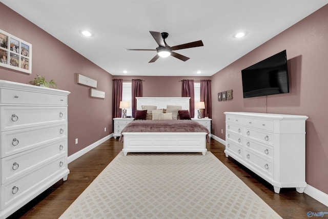 bedroom featuring ceiling fan and dark wood-type flooring