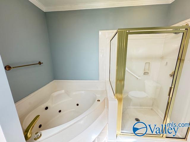 15031 Ashmont Blvd SE, Huntsville, AL 35803 - full bathroom with ornamental molding, a stall shower, and a jetted tub