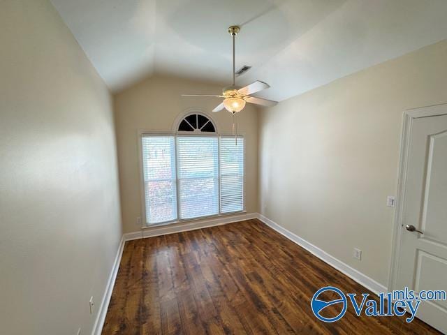 15031 Ashmont Blvd SE, Huntsville, AL 35803 - spare room featuring lofted ceiling, dark wood-style floors, visible vents, baseboards, and ceiling fan