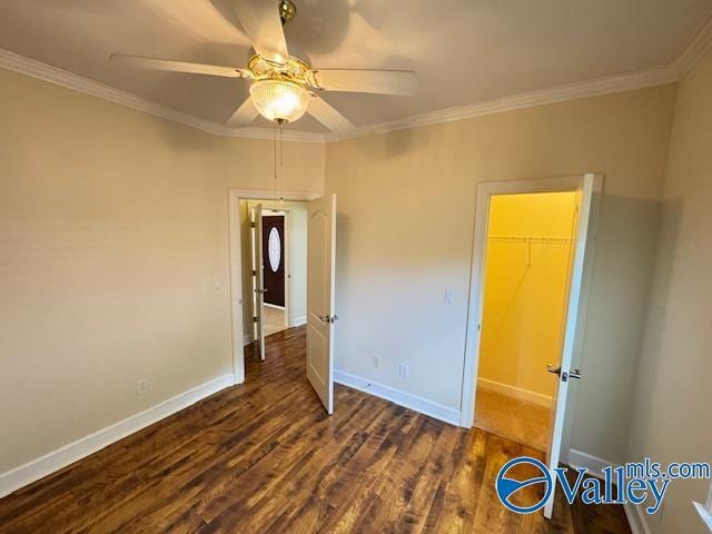 15031 Ashmont Blvd SE, Huntsville, AL 35803 - unfurnished bedroom featuring baseboards, a ceiling fan, wood finished floors, and crown molding