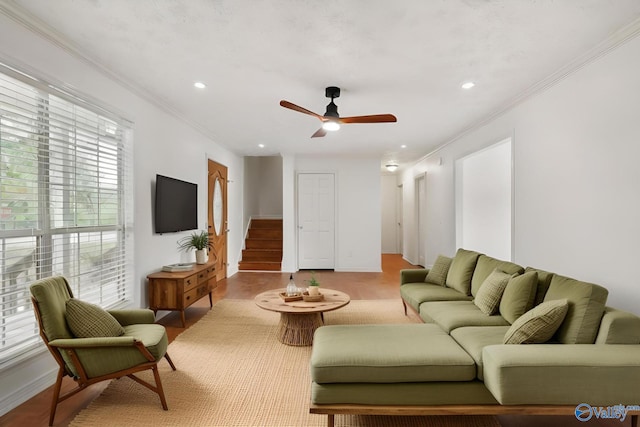 1502 Bower Dr SE, Cullman, AL 35055 - living room with stairway, ornamental molding, baseboards, ceiling fan, and recessed lighting