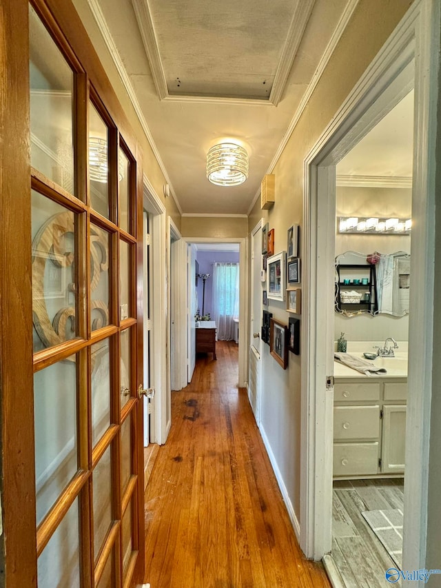 hall featuring light hardwood / wood-style floors, a raised ceiling, and ornamental molding