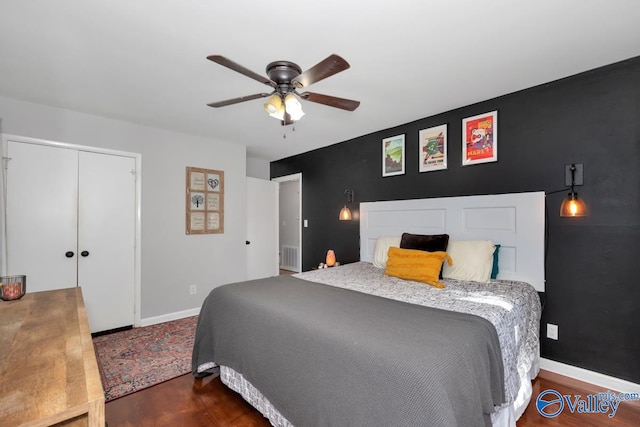 4315 Horace Dr NW, Huntsville, AL 35816 - bedroom with a closet, dark hardwood / wood-style floors, and ceiling fan