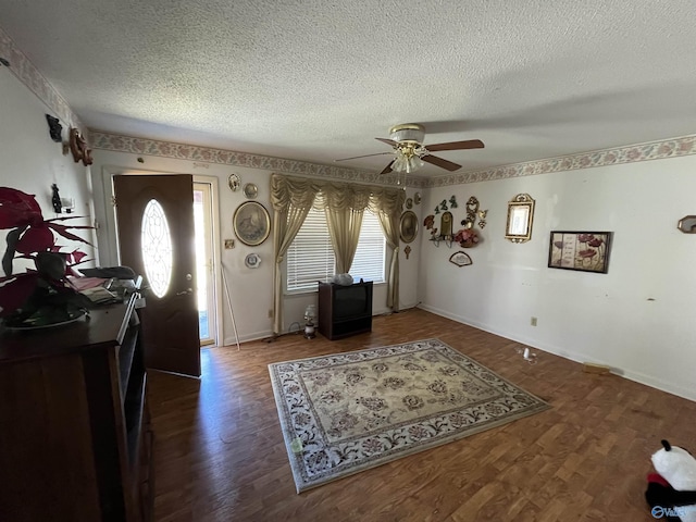 foyer featuring plenty of natural light, wood finished floors, and a textured ceiling