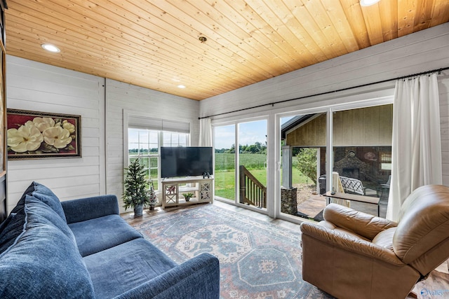1635 County Road 47, Fyffe, AL 35971 - living area with wooden ceiling, wooden walls, wood finished floors, and recessed lighting